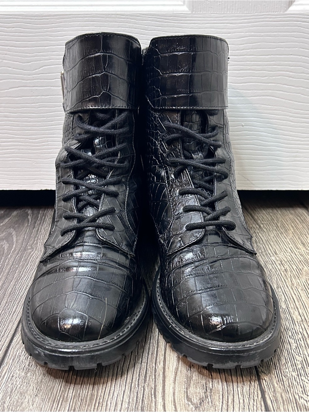 Black Croc Embossed Combat Boots Buckle Lace Up Ankle Boots Size 10 - Picture 2 of 12